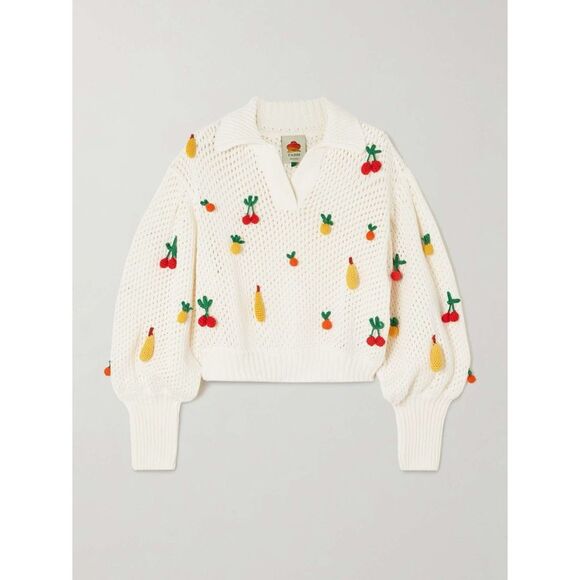 FARM Rio Sweaters - Farm Rio Off-White Crochet 3D Fruit Polo Knit Sweater Top